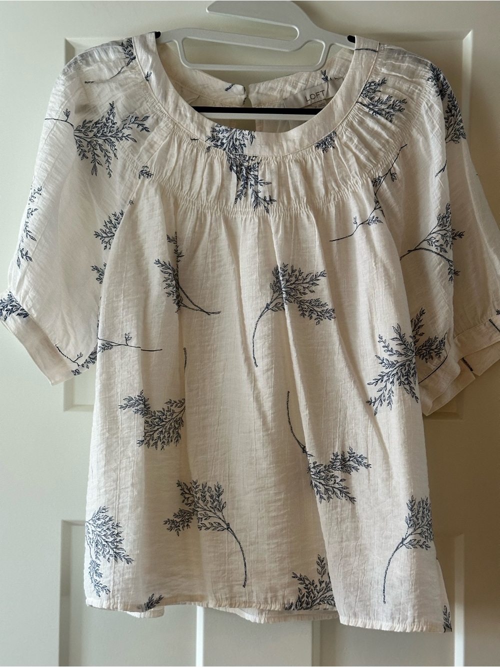 LOFT White Blouse with Navy Botanical Print Small